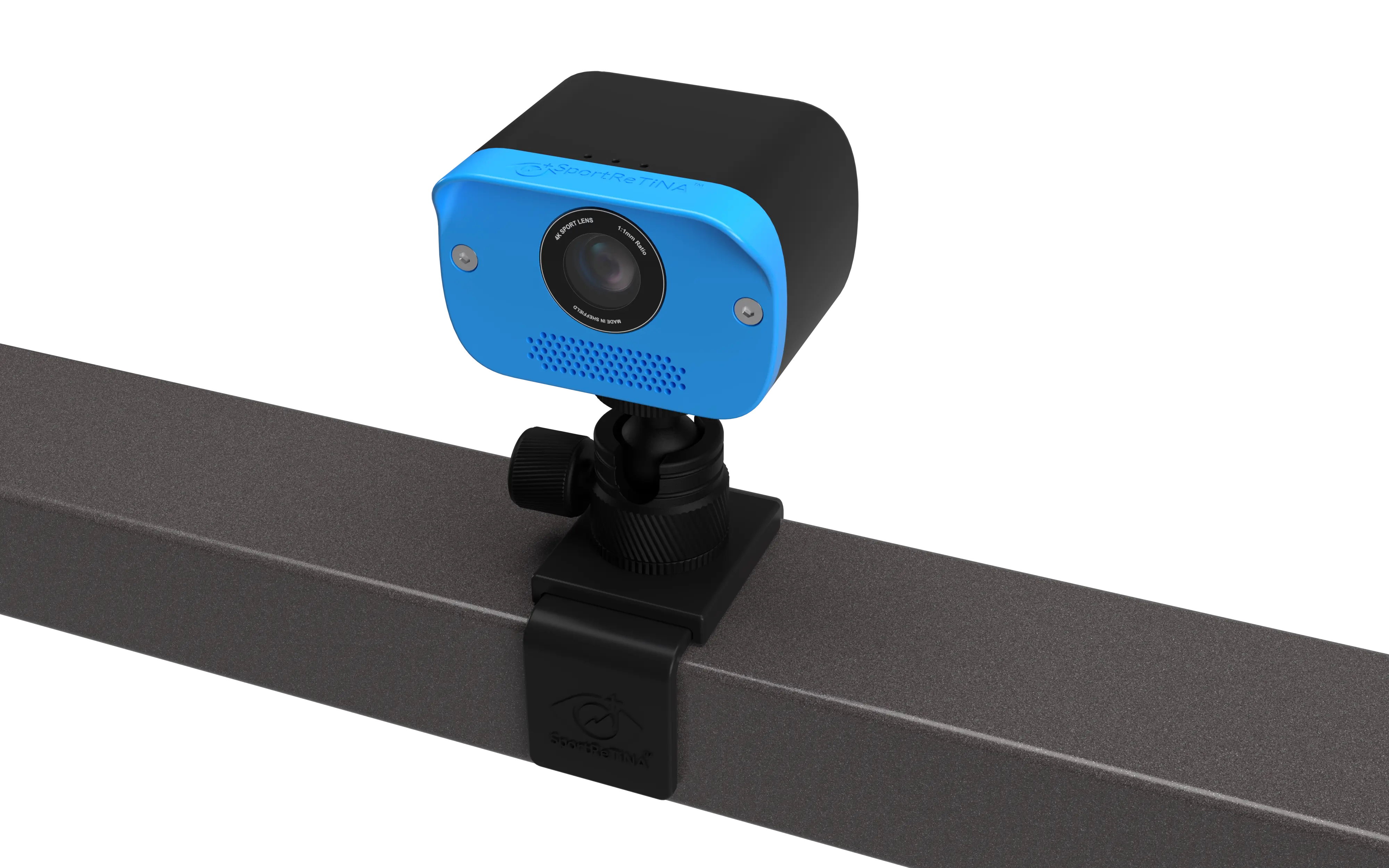 Black/blue camera mounted on rail