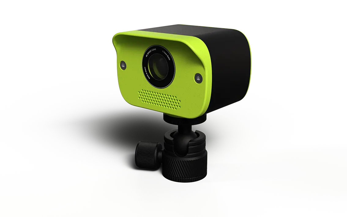 Black/green camera mounted on rail